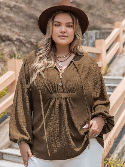 Plus Size Coffee Tie Neck Long Sleeve Blouse