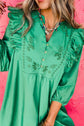 Green Embroidered Ruffled Notched Dress