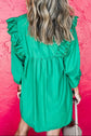 Green Embroidered Ruffled Notched Dress