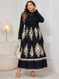 Black Plus Size Printed Mock Neck Long Sleeve Dress