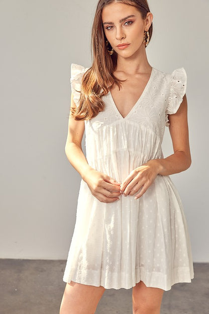 Off White V-Neck Ruffle Detail Romper-Dress