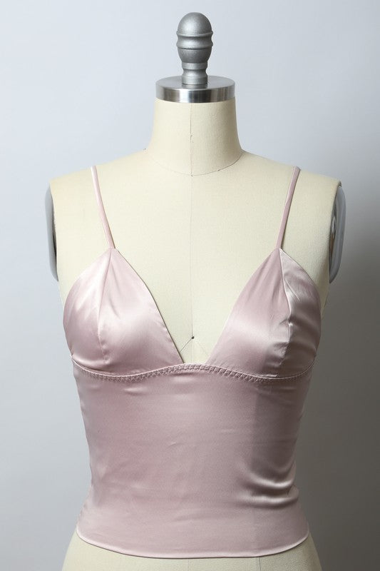 Women  Wearing blush Satin-Spaghetti -Top- Bralette. Variety of colors. 