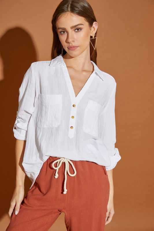 Off White V Neck Button Down Henley Shirt