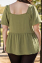 Plus Size Sage Square Neck Balloon Sleeve Peplum Blouse