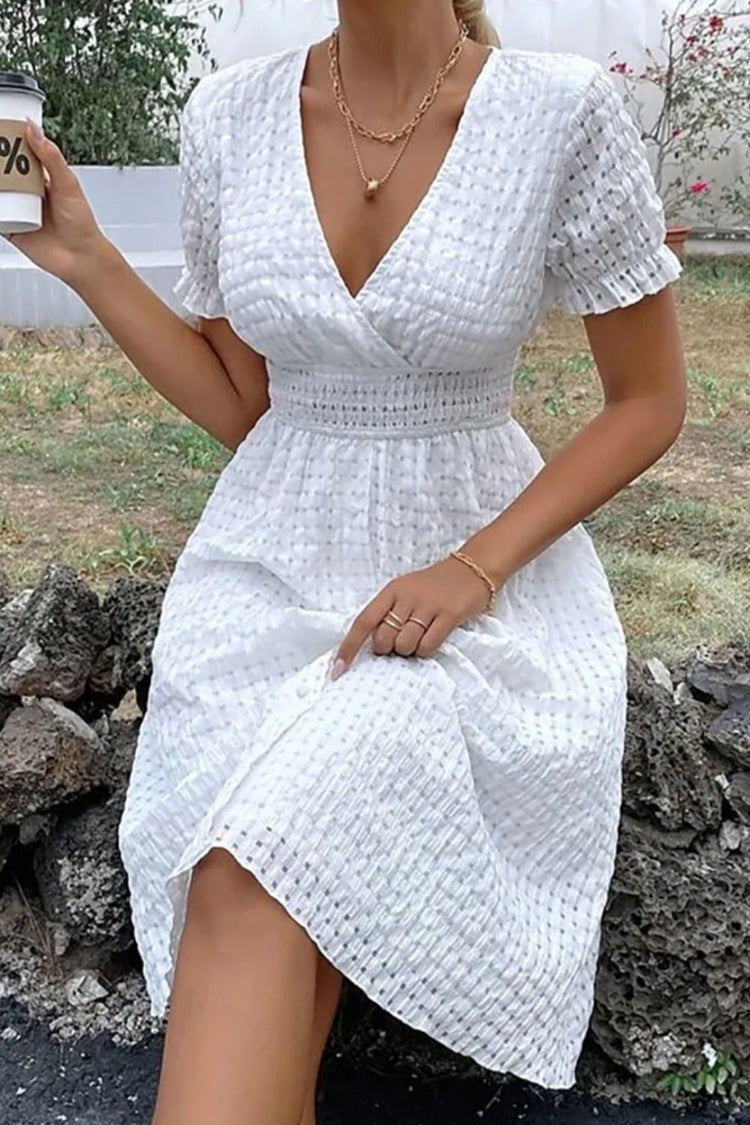 White Textured Surplice Short Sleeve Dress