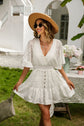 White Lace Cutout Surplice Half Sleeve Dress