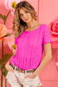 Fuchsia Cable Knit Short Sleeve Sweater