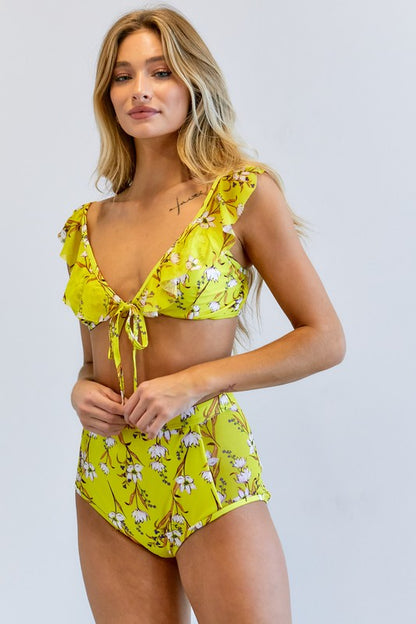 Yellow Floral Print Swim Set