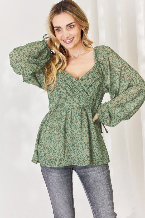 Shamrock Full Size Floral Surplice Peplum Blouse