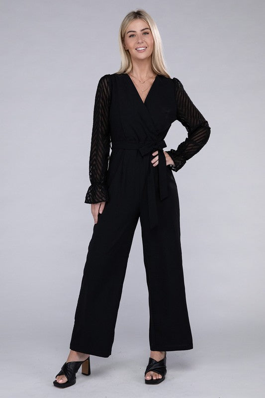 Black Sheer sleeve and Wide leg Jumpsuit