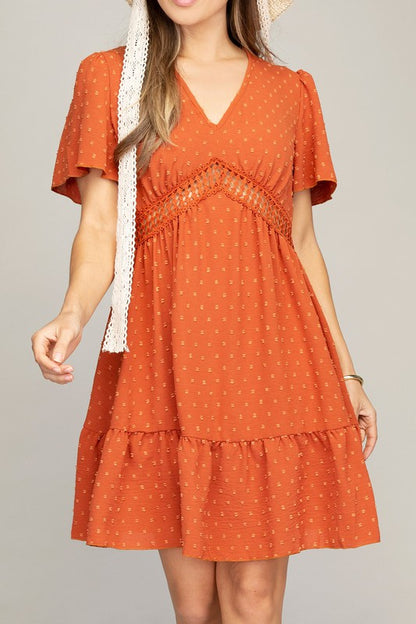 Trendy V Neck Dress With Lace Trim