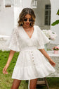 White Lace Cutout Surplice Half Sleeve Dress