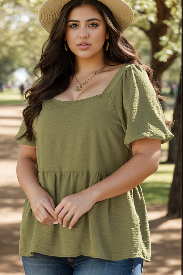 Plus Size Sage Square Neck Balloon Sleeve Peplum Blouse