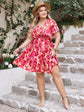 Plus Size Strawberry Floral Print V-Neck Flutter Sleeve Dress