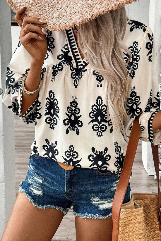 Ivory Printed Three-Quarter Sleeve Blouse