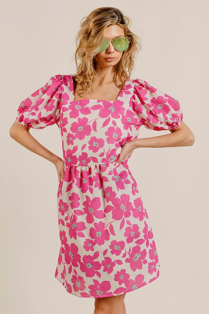 Fuchsia Printed Puff Sleeve Mini Dress