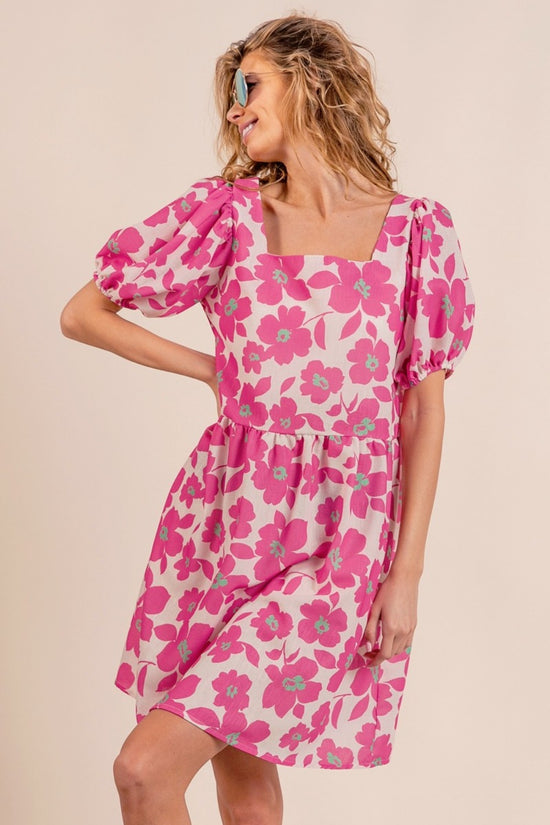 Fuchsia Printed Puff Sleeve Mini Dress