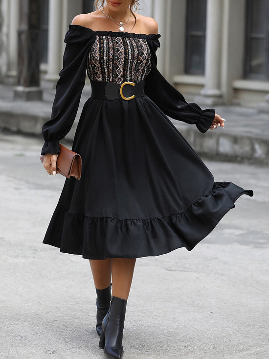 woman wearing Black- Off -Shoulder- Printed-Dressy - Midi -Dress