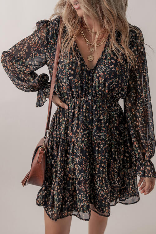 Black Printed Buttoned V-Neck Flounce Sleeve Dress