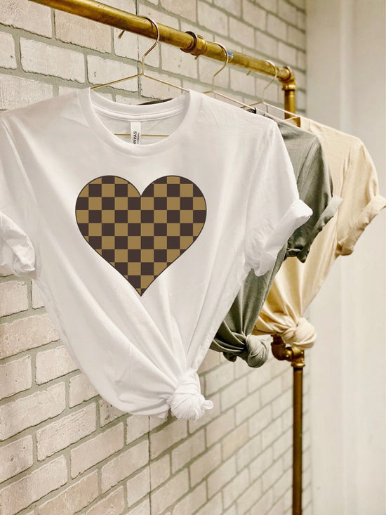 Brown Checkered Heart Crew Neck Tee