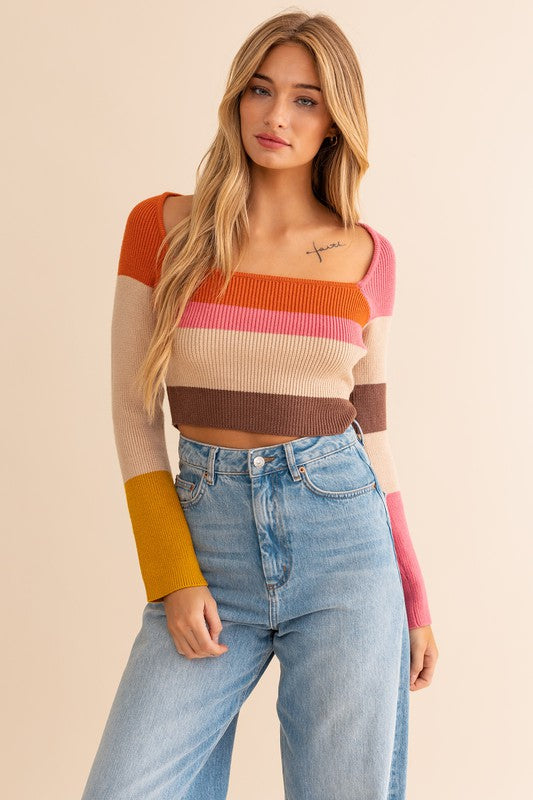  Color Block Long Sleeve Stripe Knit Top