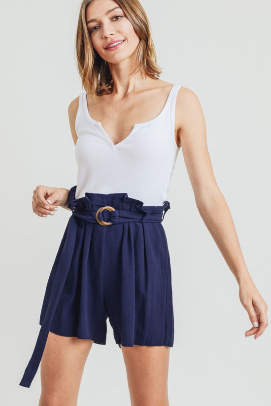 Navy Buckle Belt Cotton Linen Shorts