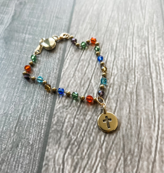 Multi-Colored Crystal Antique Gold Plated Cross Bracelet | Rosary Style Rainbow Bead Bracelet