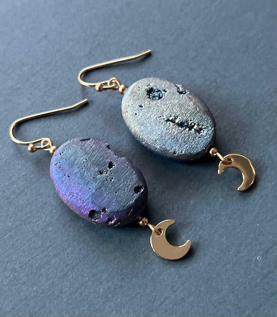 Electroplated Natural Stone Druzy Earrings with small gold moon charm
