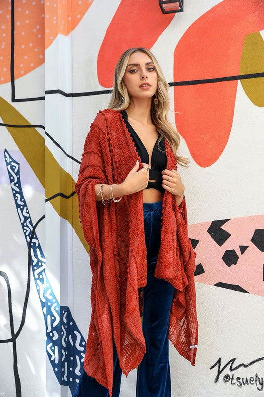 women wearing an embroidered -Zig Zag -Soft -Kimono bohemian  top cover up. variety of colors available.