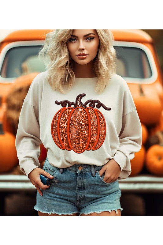 Faux Embroidered & Sequined Pumpkin Unisex Sweatshirt