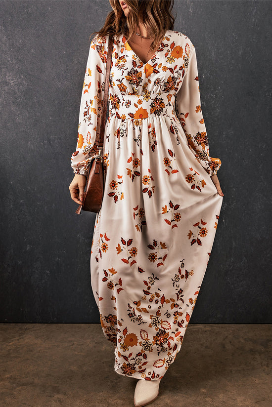 woman wearing Floral -V-Neck -Long -Sleeve- Maxi -Dress-Boho