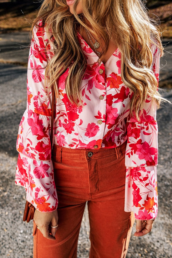 Deep Red Floral Flare Sleeve Button Up V-Neck Bodysuit