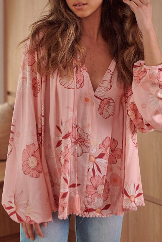 Blush Pink Floral Tassel Tie Balloon Sleeve Blouse