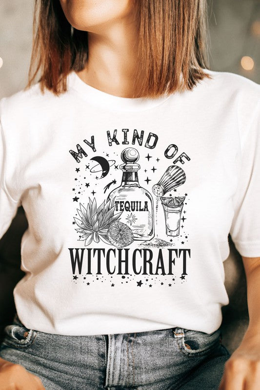 women wearing a graphic tshirt, halloween witch craft and tequila graphic shirt