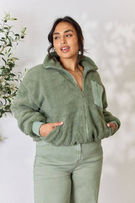 Sage Zip Up Collared Neck Jacket -Full Size 