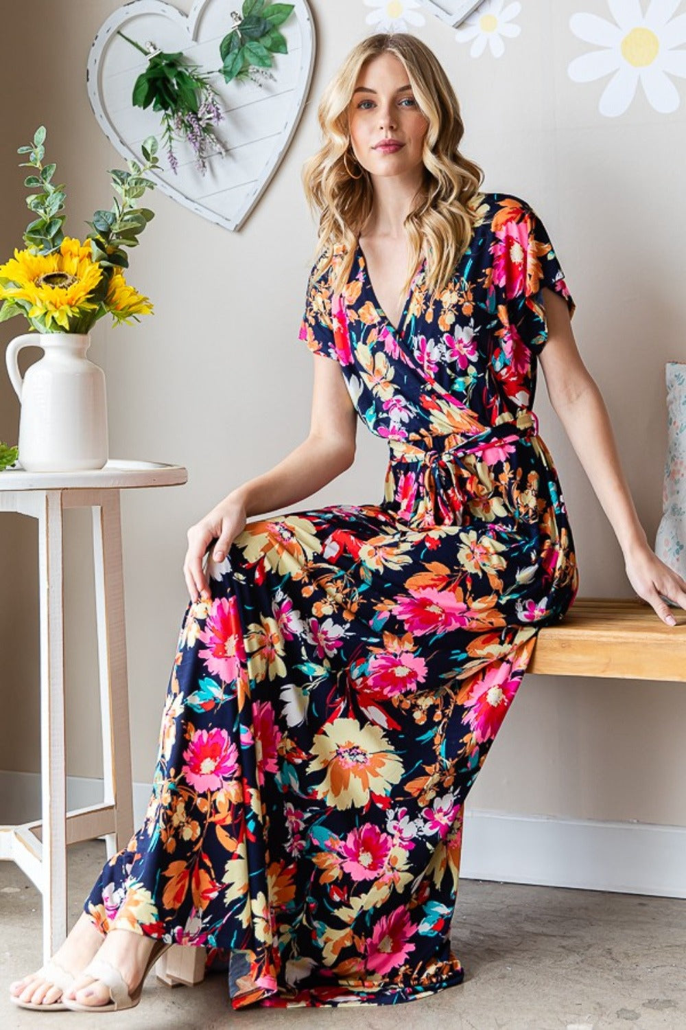 Floral Navy Multi-Color lice Tie Waist Maxi Dress -Full Size