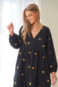 women wearing black Henley- Style -Corduroy -floral - Mini -Dress