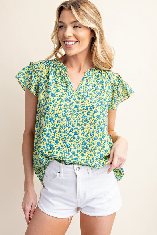 Blue Combo Floral Notched Ruffled Cap Sleeve Blouse