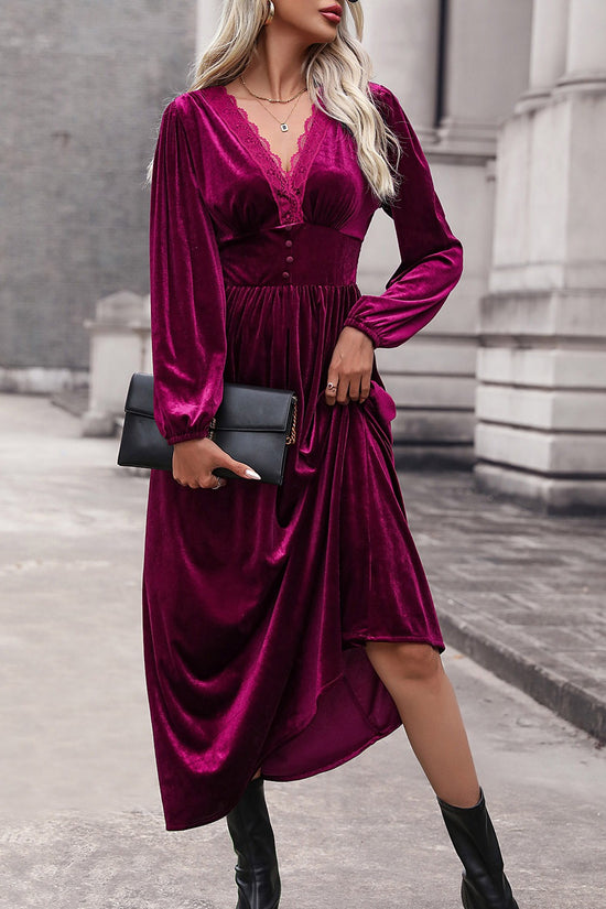 Cerise Lace Detail V-Neck Balloon Sleeve Midi Dress