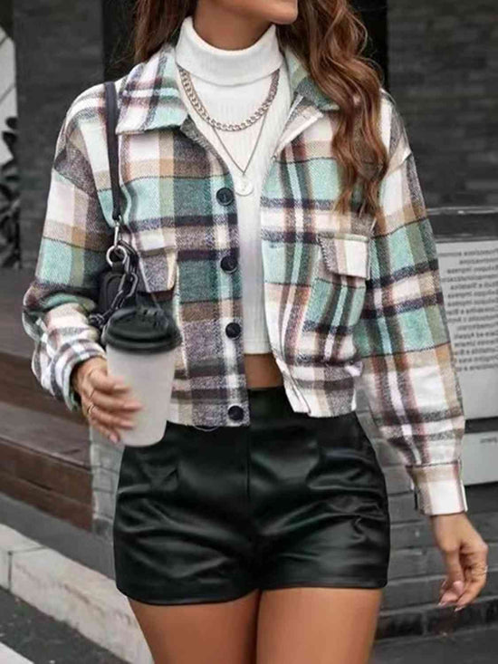 Ladies gum leaf Plaid Crop Collared Neck Button Down Jacket