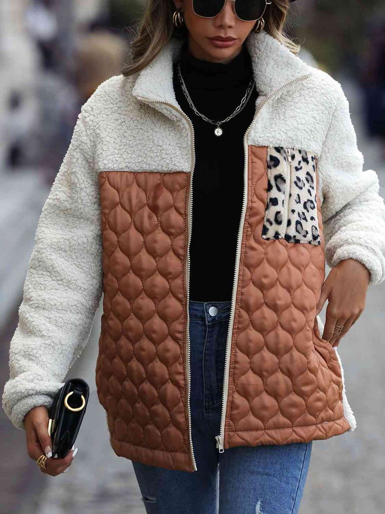 women wearing a carmel Leopard Color Block Zip-Up Jacket