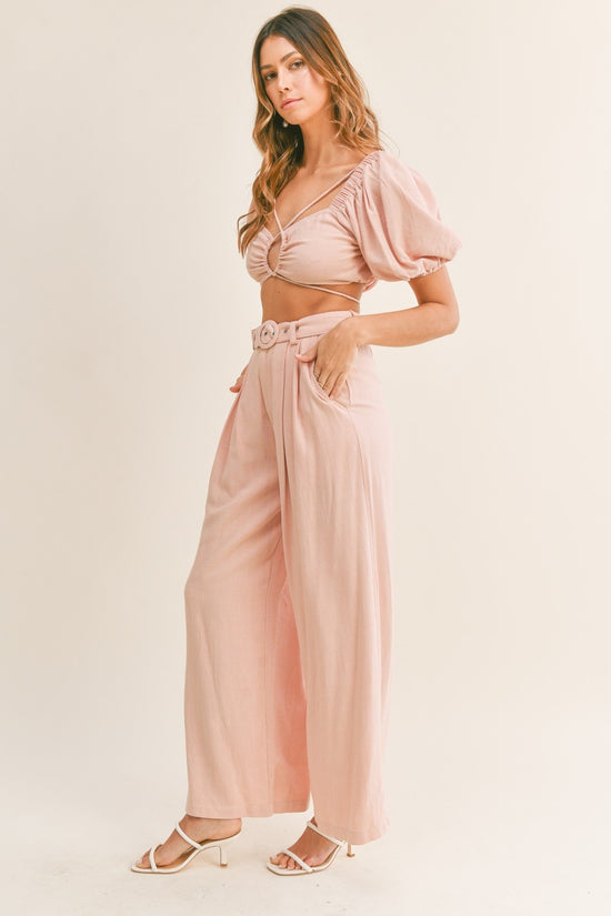 Dusty Pink Cut Out Drawstring Crop Top and Belted Pants Set