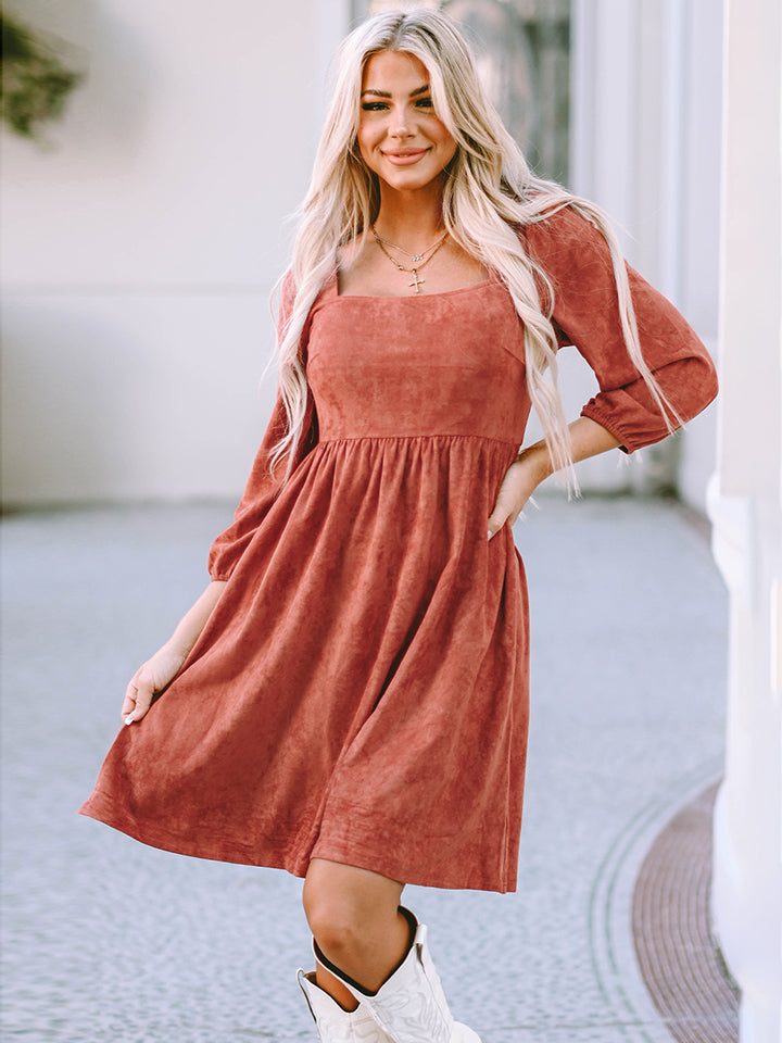 Woman wearing a Ochre -Square- Neck -Three-Quarter -Sleeve- Fall- Mini -Dress