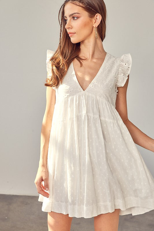 Off White V-Neck Ruffle Detail Romper Dress