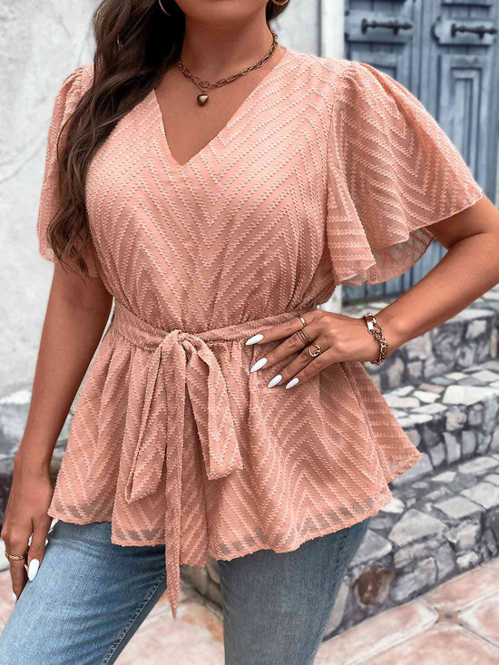 Peach V-Neck Flutter Sleeve Tie Waist Blouse - Plus Size