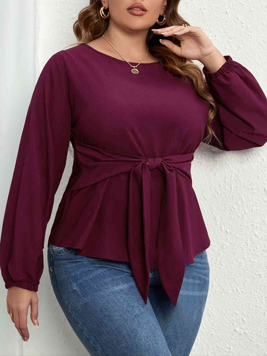 Plum Plus Size Tie Front Long Sleeve Blouse