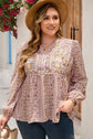 Woman wearing a Plus- Size-Bohemian- V-Neck -Printed -Long -Sleeve -Blouse