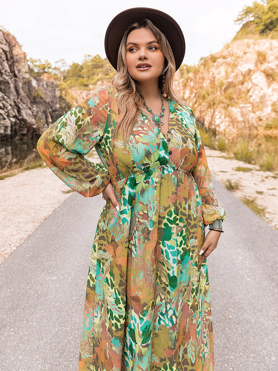 Plus Size  Mid-Green Floral V-Neck Long Sleeve Dress