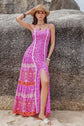 woman wearing Printed -Straight -Neck -Sleeveless- Split -Maxi -Bohemian -Dress