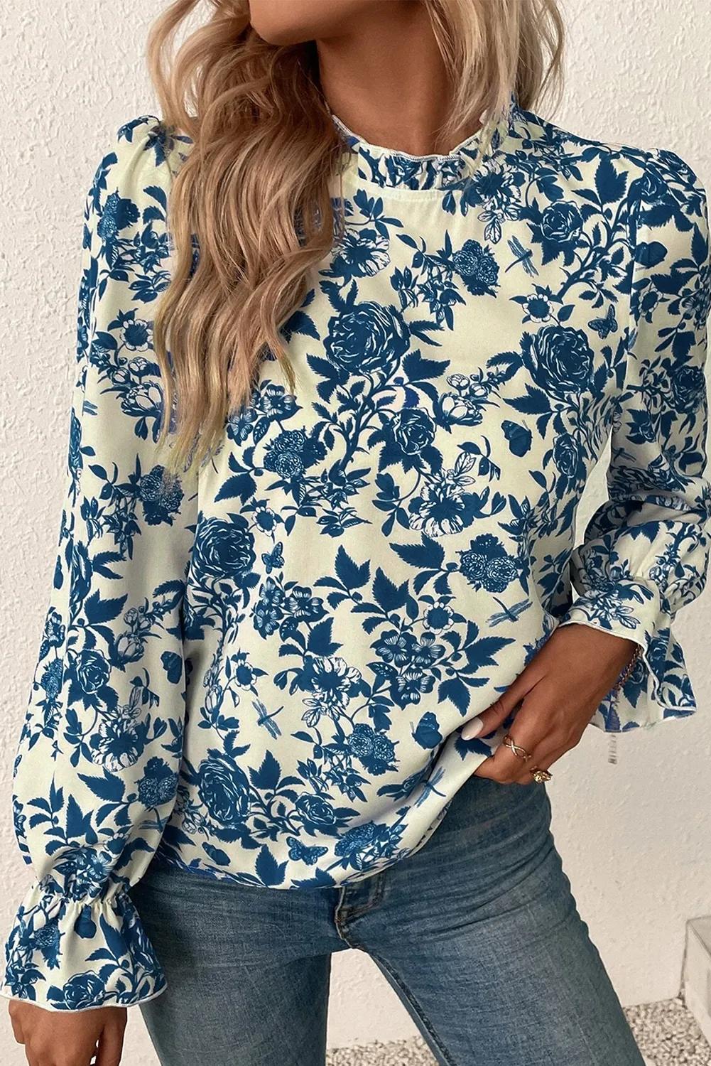 bluePrinted Mock Neck Flounce Sleeve Blouse